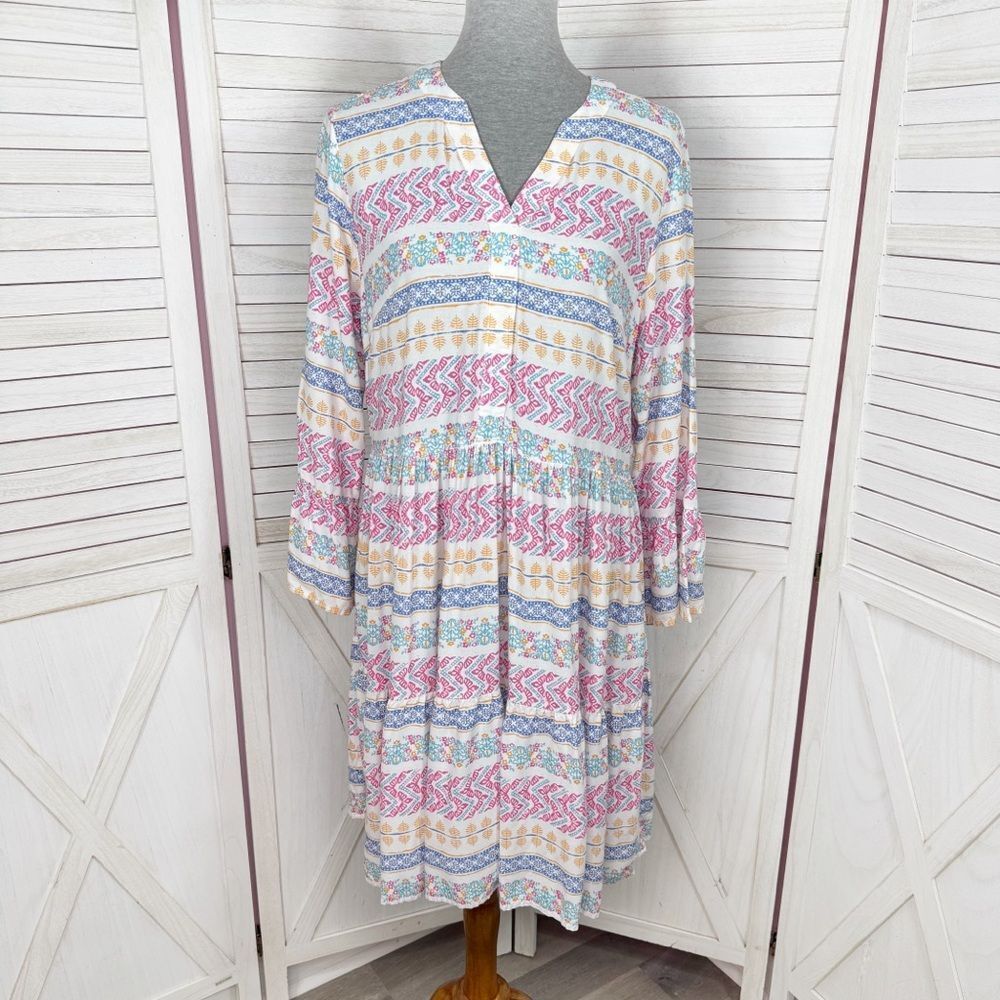 Destination 365 Floral V‎ Neck Tiered Bell Sleeve Tunic Shift Dress White Multi